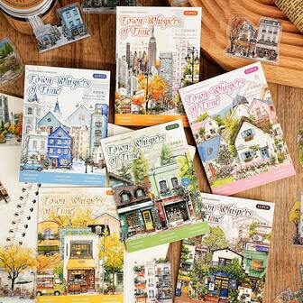  6pcs/Pack Retro Town Series Vintage PET Sticker Pack, 15pcs/Pack, For Notebook, Phone Case, Luggage, Gift Box, Home Decor, DIY, Stationery, School Supplies