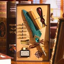 1 套礼品盒包括邮票、蜡封、羽毛笔、Jubaboz 书法笔、墨水笔套装、蘸水笔、机械齿轮蘸水笔、鹅毛笔、鹅毛制成、冬季 - 彩色 - 查看 11