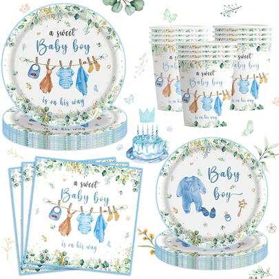 20pcs/80pcs Blue Gender Reveal Theme Birthday Party Decorations, Baby Shower Party Supplies - Paper Plates, Dessert Plates, Napkins, Cups, For Party Decoration And Venue Arrangement, Serves 20 Guests