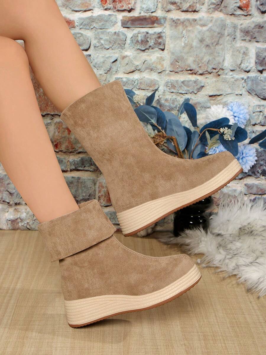 Women's Mid-Calf Boots, New Design, Thick Sole, Wedge Heel, Waterproof Platform, Suede Fabric, Solid Color, Slip-On, Fashion & Comfortable, Plus Size - Khaki - View 1