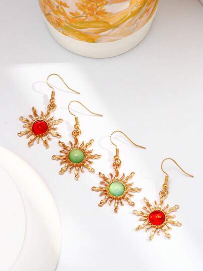 Pendientes de gota con forma de sol estilo bohemio con piedras preciosas de colores, pendientes vintage de declaración con tono dorado aptos para uso diario y fiestas