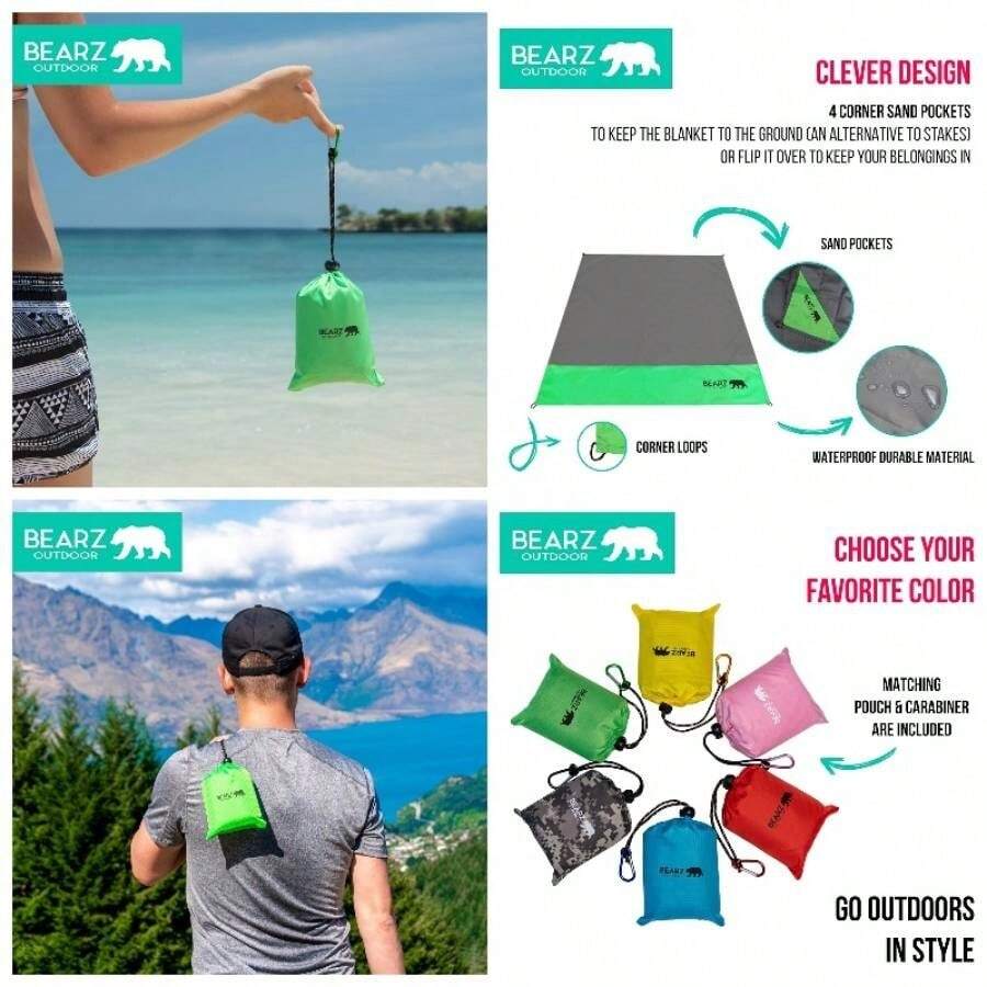 Beach BlanketCompact Pocket Blanket 55x60 - Waterproof Ground Cover, Sand Proof Picnic Travel, Hiking, Camping, Festival, Sports - Durable Tarp Corner Pockets, Loops, Bag - Trébol Verde - Ver 1