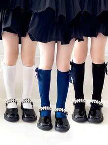 3 双儿童直筒袜，带蝴蝶结装饰，纯色校服和礼服长袜，适合青少年 - 彩色 - 查看 14