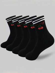 10 Pares de Meias Crew Femininas com Listras Pretas e Brancas e Estampa de Cereja, Adequadas para Esportes e Uso Diário