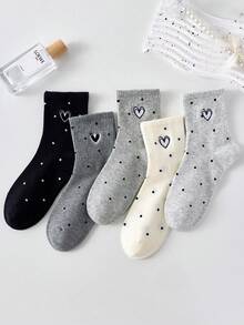 5 Pairs Women's Cute Heart&Polka Dot Ankle Socks Crew Socks Short Socks, White Socks, Black Socks, Casual Comfortable Mid-Calf Socks, Preppy Style Student Socks School Socks, Christmas Gift, Colors Random, Suitable For Daily Wear And Outings, For All Seasons - Multicolor - View 10