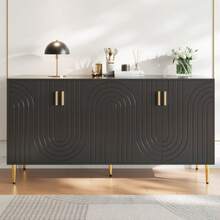 Schwarzes Sideboard (152 x 40 x 75 cm) mit einzigartigem Wellendesign und goldenen Griffen und Füßen, das einen eleganten Essbereich schafft