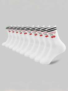 10 Pares de Meias Crew Femininas com Listras Pretas e Brancas e Estampa de Cereja, Adequadas para Esportes e Uso Diário