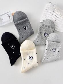 5 Pairs Women's Cute Heart&Polka Dot Ankle Socks Crew Socks Short Socks, White Socks, Black Socks, Casual Comfortable Mid-Calf Socks, Preppy Style Student Socks School Socks, Christmas Gift, Colors Random, Suitable For Daily Wear And Outings, For All Seasons - Multicolor - View 9