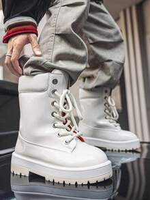 Giày nam mới, phong cách đường phố Mỹ độc đáo, cổ cao, giày bốt đi tuyết chống thấm nước buộc dây, cá nhân hóa và đa năng, đế dày, chiều cao siêu cao, nhẹ và cao cấp, giày bánh mì, kích thước nhỏ, chống mài mòn, thích hợp cho du lịch ngoài trời, đa năng, thoải mái và thời trang - trắng - Xem 4