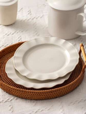 1pc Vintage Wavy Rim Plate, Floral Dessert Plate, Kitchen Household Flat Dish