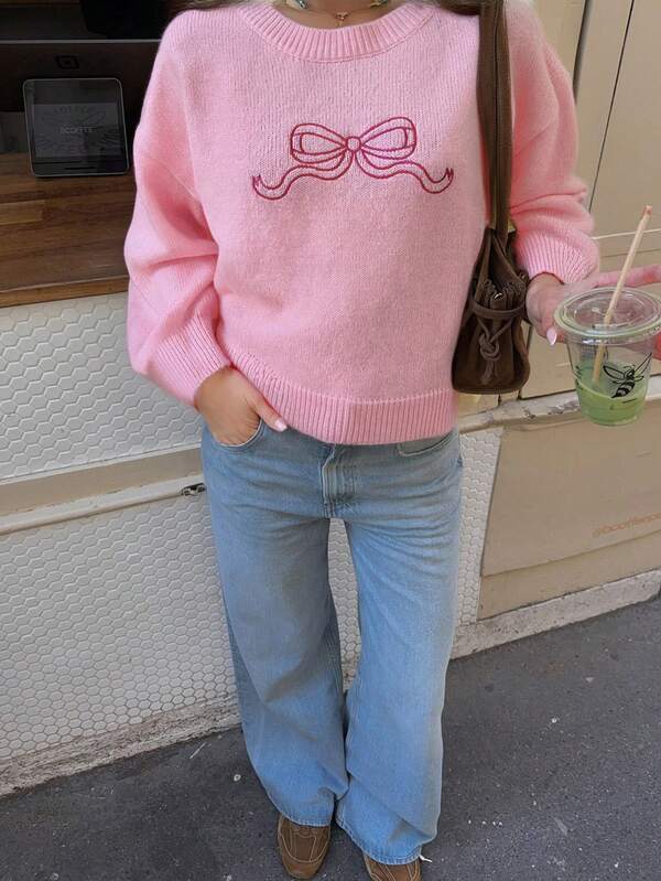 Women's Autumn And Winter Casual Loose Sweater, Bow Embroidered Sweater, Chill Street Style, Tops For All Seasons, Suitable For Home Leisure, Dating, Vacation, Street, Hang Out, Office Style, Suitable For Christmas Parties, Halloween Parties, New Year Parties And Other Occasions.