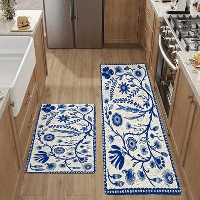 Blue Floral Pattern Kitchen Runner Rug, Washable Anti-Slip Long Floor Mat With Bird Design, Soft Absorbent For Dining Room, Entryway, Bedroom - Decorative Non-Slip Carpet For Home Decoration