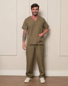 Scrub Masculino Conjunto em oxford Decote V Verde Musgo Aston - Verde Militar - Visão 5