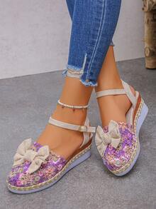 New Beige Bow Women's Shoes For Spring And Autumn 2025, Fashionable And Casual. Purple Printed Mesh, Comfortable And Breathable. Woven Hemp Rope Spliced Wedge Heel, Thick-Soled One-Button Shoes