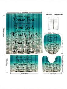 1pc/4pcs Blue Ocean Blessing Polyester Waterproof Shower Curtain With 12 Hooks, Bathroom Non-Slip Mat, U-Shaped Floor Mat And Round Toilet Seat Cover, Comprehensive Bathroom Set Christmas Decor