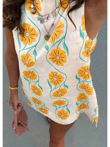 Women 2025 Summer Sleeveless Floral Short Shift Cotton Linen Loose Dress, Style - Màu vàng - Xem 6