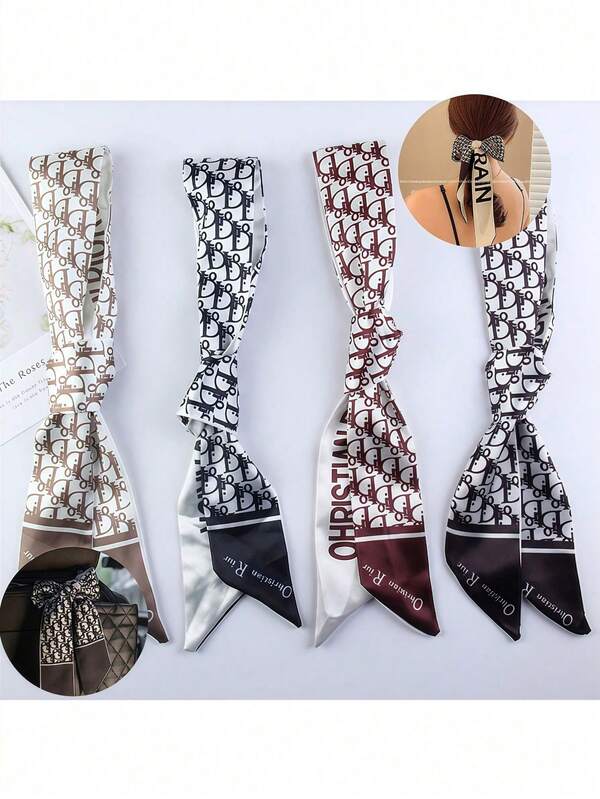 Vintage Style Long Narrow Scarf, Soft Satin-Like Fabric With Letter & Ditsy Floral, Decorated With Bowknot Element, Combining Sweetness And Elegance. Versatile Design Can Be Used As Headband, Tie, Neckwear Or Wristband, Also Suitable As Gift Ribbon, Box Decoration, Holiday Packaging
