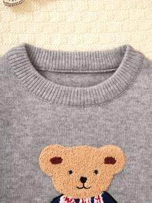 Girls Sweater Fashion Jacquard Cartoon Bear Embroidery Round Neck Long Sleeve Knitted Warm Elastic Cute Elegant Simple Pullover Knitwear Suitable For 4-12 Years Old Children Casual Versatile Top, Autumn/Winter New - Grey - View 3