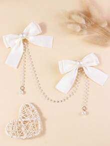 1 pieza Pinza para el cabello con cadena de perlas y lazo para niñas, linda y elegante, versátil para uso diario, tono rosa - Blanco - Ver 6