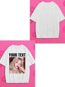 Camiseta de cuello redondo de corte holgado con foto y texto personalizado para mujeres, talla grande, adecuada para cumpleaños, Día de San Valentín, Navidad, fiestas, aniversarios, uniformes corporativos - Blanco - Ver 4