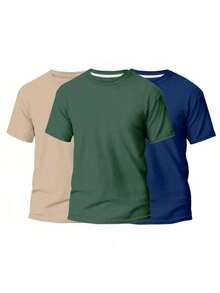 KIT 3 Basic Plain Men's T-Shirts 100% Cotton 30.1 - 米色+綠色+海軍藍 - 查看 1