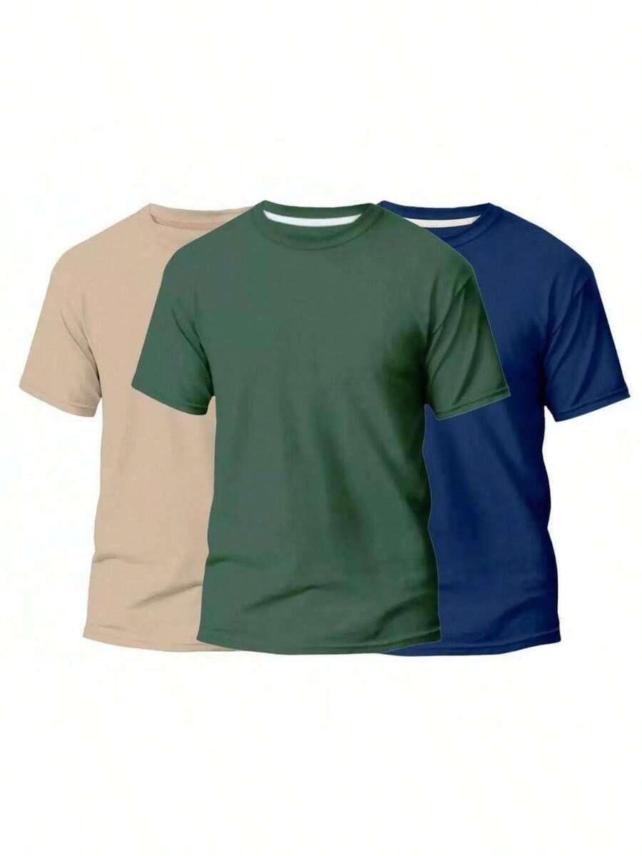 KIT 3 Basic Plain Men's T-Shirts 100% Cotton 30.1 - 米色+綠色+海軍藍 - 查看 1