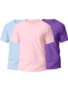 KIT 3 Basic Plain Men's T-Shirts 100% Cotton 30.1 - 淡藍色+淡粉紅色+紫色 - 查看 1