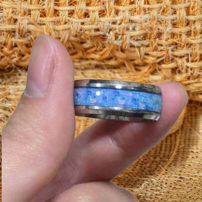 8mm Stainless Steel Beveled Full Pave Faux Blue Agate Ring, Suitable For Men's Daily Wear, Gift