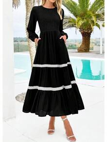 KIRUNDO Smocked Boho Tiered Lace Trim Flowy Maxi Dress Long Dresseshalloween - Màu be - Xem 10