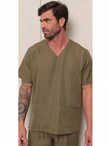 Scrub Masculino Conjunto em oxford Decote V Verde Musgo Aston - Verde Militar - Visão 9