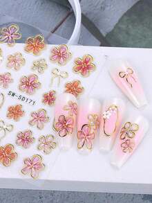 2 PCS Pink Flower Petal 3D Nail Stickers Elegant Flower Gold Edge Line Geometry Designs Nail Art Decals For Acrylic Nails DIY Spring Self-Adhesive Manicure Decoration Supplies - Multicolor 2 - 查看 3