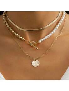 Set de 3 collares elegantes con cuentas de perlas falsas, collares de cadena plana de metal con colgante minimalista de estrella y luna dorada, adecuado para uso diario y regalos festivos