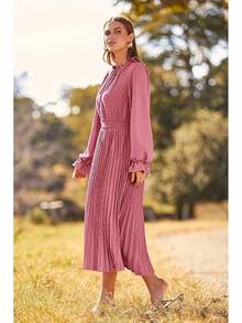 Swiss Dot Pleated A Line Midi Dress Dresseshalloween - 粉色 - 查看 2