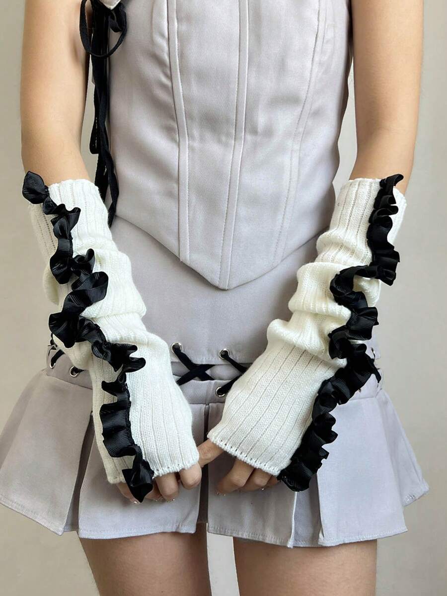 1 Pair Cute & Sweet Girls Arm Warmers, Casual Decorative Arm Sleeves With Y2K Elements, Knitted Fingerless Gloves, Suitable For Daily Wear, Dates, Home, Outings, Stage Performances, Lolita Princess Style - 388# - View 1