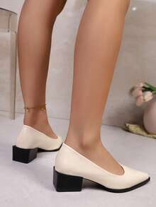 Women's High Heels, Pointed Toe, Thick Heel, Solid Color Design, Simple Style, Simple And Gorgeous, Casual And Comfortable, Suitable For Home Office, Daily Travel, Christmas, Halloween Wear, Multiple Colors Available, Daily Commuting. - 米色 - 查看 4