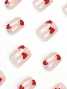 24pcs Y2K Nude Pink Short Square False Nails, Red Heart & White Polka Dot Design, Full Cover Fake Nail Set, Includes 1 Nail File & 1 Nail Glue Sticker, Suitable As Manicure Gift For Girls & Moms, Also Suitable For Wholesale Nail Supplies, Can Be Worn For Holidays, Parties, Dates And Daily Use. - 粉色 - 查看 4