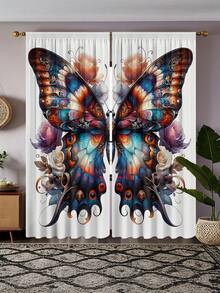 2pcs Vintage Butterfly Print Curtains, Semi-Sheer Polyester Fabric, Machine Washable, Rod Pocket Design, Suitable For Bedroom, Living Room, Dining Room, Kitchen And Other Home Decor