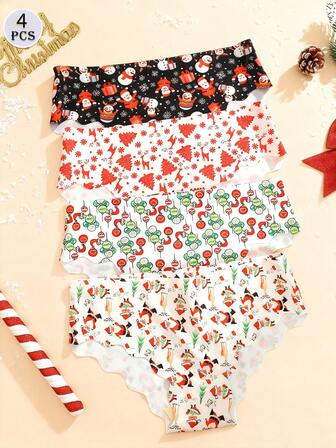 Set de 4 piezas - Bragas suaves, cómodas y transpirables con estampado navideño y ribete ondulado para mujer