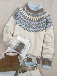 女士秋冬休闲宽松费尔岛图案百褶圆领长袖羊毛套头衫，女士秋装，女士冬装，秋季上衣，工作/办公室，商务休闲女装 - 杏色 - 查看 3