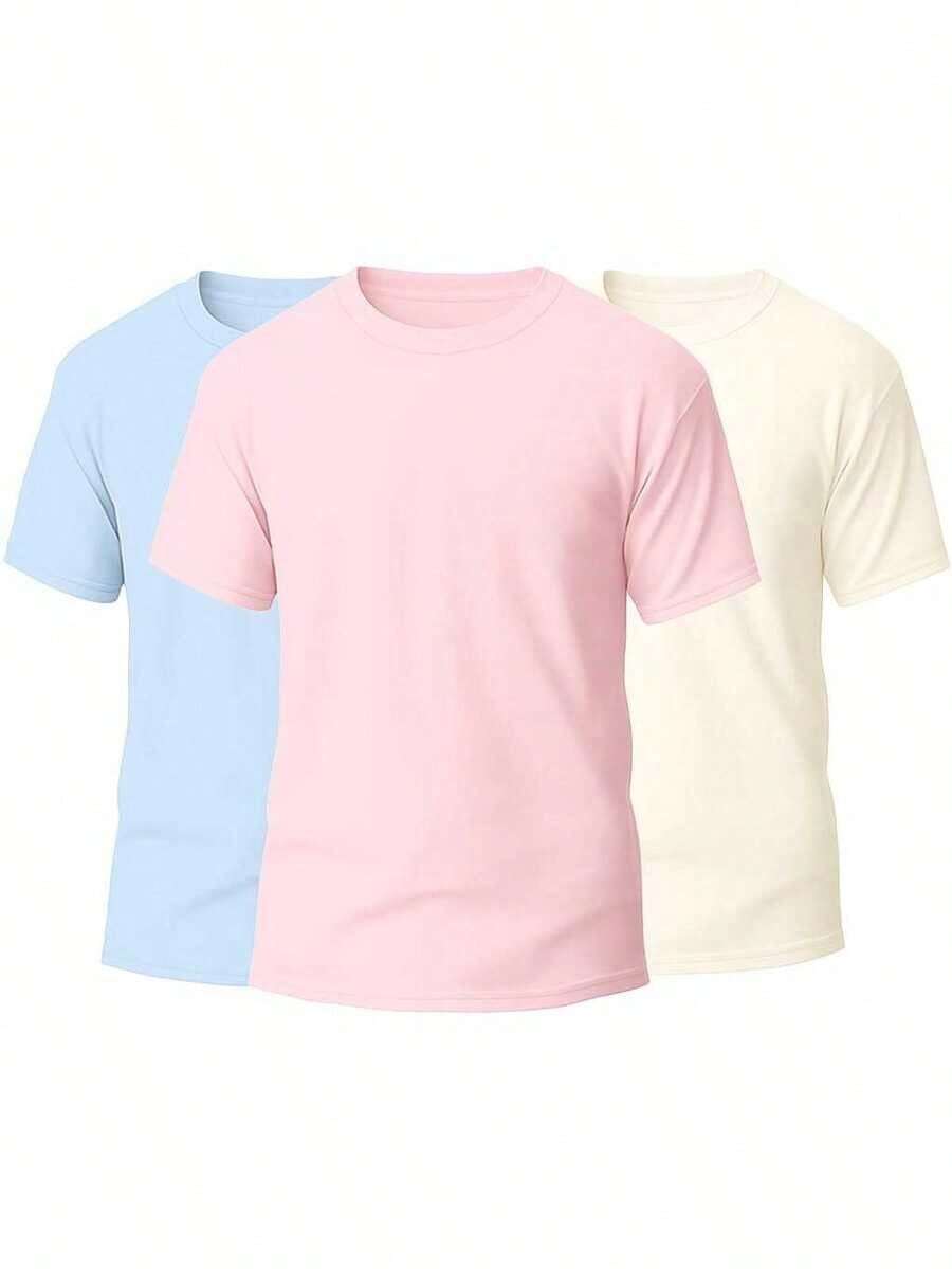 KIT 3 Basic Plain Men's T-Shirts 100% Cotton 30.1 - 淡藍色+淡粉紅色+關閉 - 查看 1