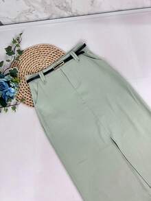 Midi Skirt With Belt High Waist Slit - Mint Green - View 3