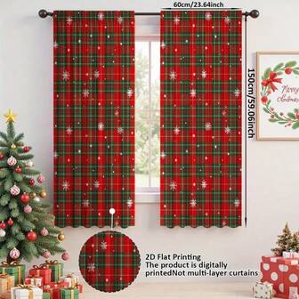 2 st JIT 2D platttryck julrutiga snöflingestilgardiner, grönröd rutiga med vita snöflingegardiner, fulla av julstämningsgardiner, stångdesignade gardiner, polyesterfiber polyestermaterialgardiner lämpliga för hyreshus, vardagsrum, kök, sovrum, avtagbara och maskintvättbara dekorativa fönstergardiner, små fönstergardiner