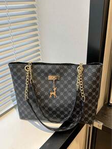 Large Capacity Handbag For Women, New Fashion Vintage Chain Shoulder Tote Bag, Printed Casual Travel Bags