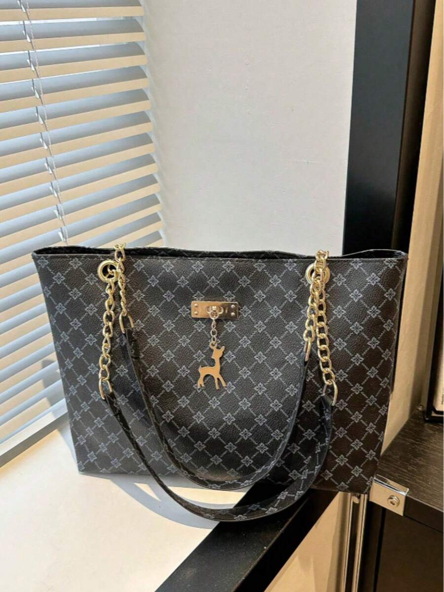 Large Capacity Handbag For Women, New Fashion Vintage Chain Shoulder Tote Bag, Printed Casual Travel Bags