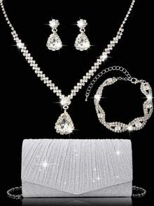 女士钻石首饰 闪耀奢华水钻首饰套装 闪耀项链 耳环 手链套装 闪粉皱纹手提宴会包 V型翻盖信封包 手提包 宴会包 钱包手提包 优雅手提宴会包 手提包 女士舞会手提包 女士新娘宴会包 舞会手提包 金属链条手提包 婚礼派对手提包 酒会婚礼 新款钱包宴会包