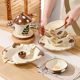 Juego de vajilla de Casa de Hongos Mágicos - Diseño 3D de hongos artesanal, diseño en relieve pintado a mano con esmalte - Plato de cena, plato de sopa, plato de 8 pulgadas, cuchara - Vajilla multiusos para uso diario, decoración del hogar y regalo