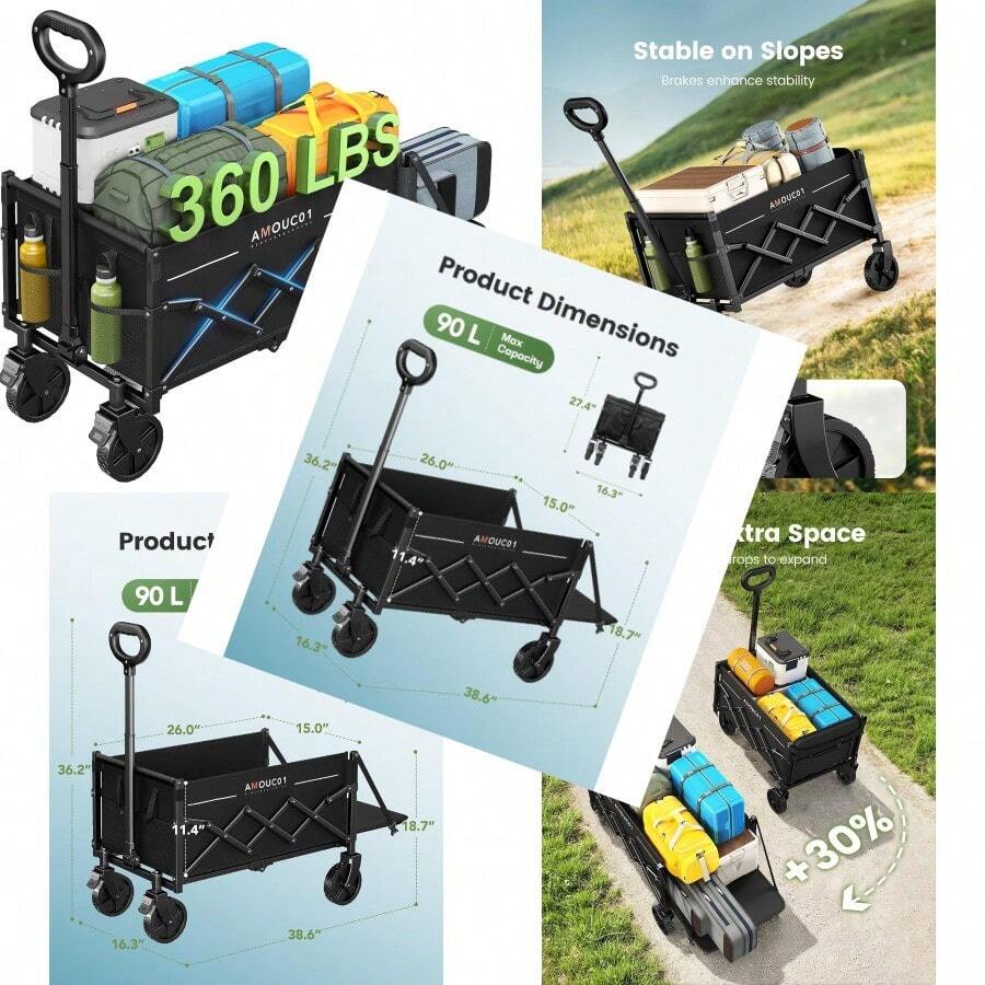 Wagon Cart Foldable Collapsible Wagon Cart With 360 LBS Max Load And Expandable Storage 90L Foldable Grocery Cart With 2 Cup Holders For Outdoor Groceries Garden And Camping