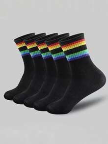 10 Pares de Meias Pretas e Brancas Arco-íris Femininas, Estilo Universitário, Adequadas para Campus e Uso Esportivo