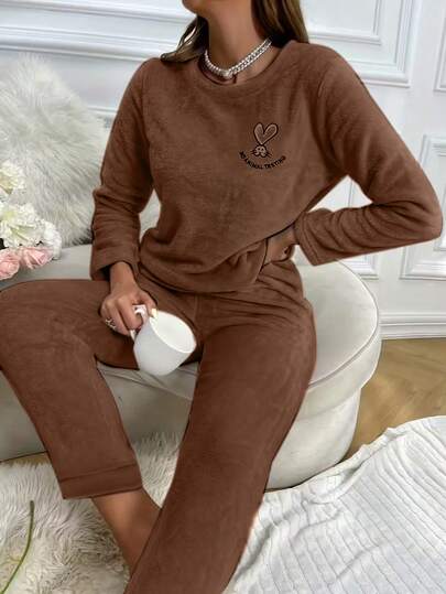 Damen Cartoon Muster Lässig einfarbig Fleece 2-teiliges Pyjama Set, dicke Flanell Langarm Nachtwäsche, Herbst/Winter