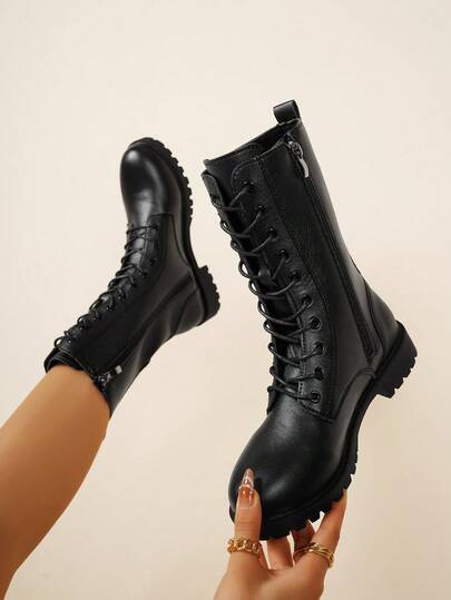 Women's Fashion Versatile Lace-Up Mid-Calf/Ankle/Booties/Motorcycle Boots, Short Boots, High-Top Anti-Slip Boots, Casual Comfortable Side Zipper Outdoor Boots, Riding Outdoor Black Boots, Autumn/Winter Boots, Outdoor Boots, Over-The-Knee Boots